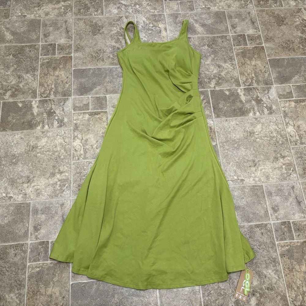BNWT OGL Move Dress Large Chartreuse Green Stretchy Ruched Side Low Back Comfort